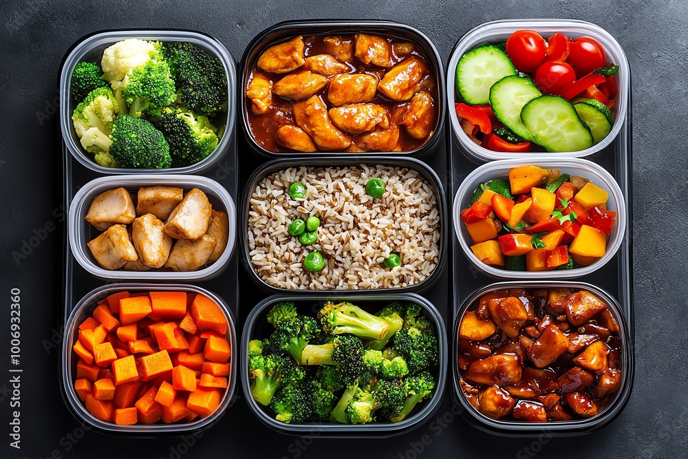 A meal prep layout with easy-to-carry containers, packed with healthy meals like stir-fried chicken, brown rice, and sautéed vegetables. A meal prep layout with easy-to-carry containers, packed with healthy meals like stir-fried chicken, brown rice, and sautéed vegetables.