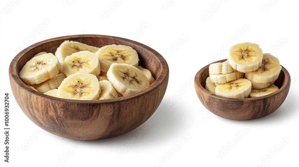 Slices of fresh bananas arranged in wooden bowls on a clean white background Slices of fresh bananas arranged in wooden bowls on a clean white background