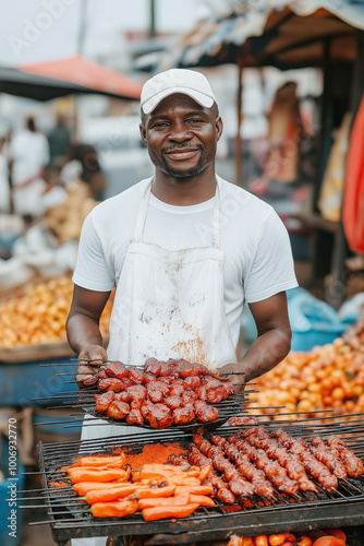 Man grilling skewered meat, street food vendor in market, barbecue, grilling concept photo