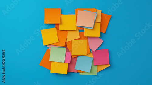 Colorful sticky notes arranged on blue background create vibrant and organized display. These notes can be used for reminders, messages, or creative ideas, adding cheerful touch to any workspace