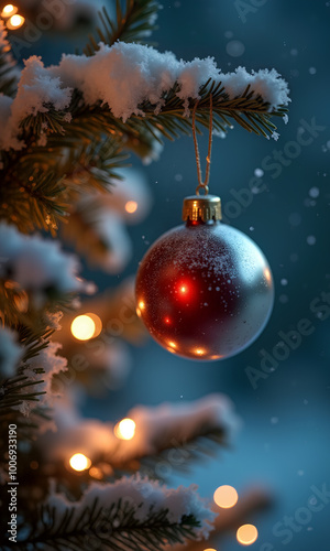 A beautiful red ornament is gracefully suspended from a snow-laden branch, with soft glowing lights and delicate snowflakes creating a serene winter atmosphere - Generative AI