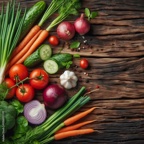 Fresh Vegetables and Herbs Arranged on Rustic Wooden Surface, A Culinary Still Life