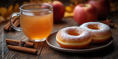 Cup of apple juice with donuts on wooden table, fall background. 