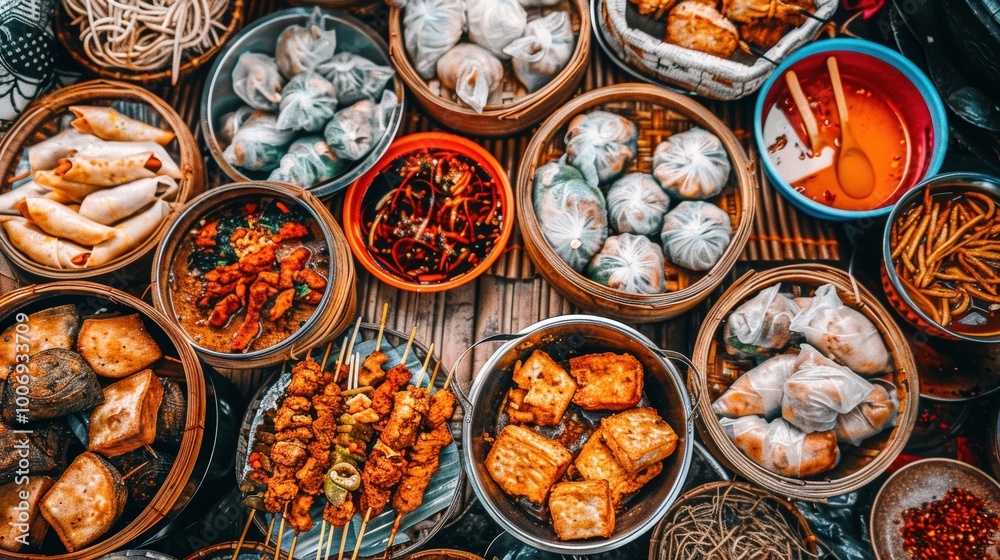 Fototapeta premium Vibrant Street Food Market with Diverse Dishes