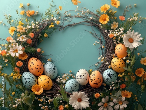 Wreath made of easter eggs and flowers on a blue wall photo