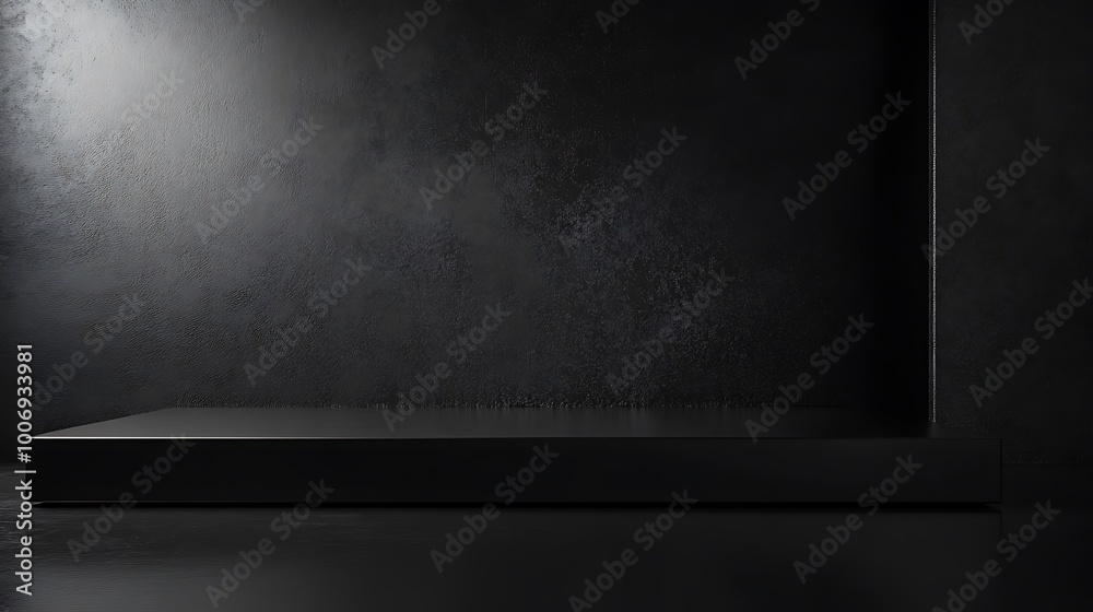 3D background for the product. The studio with the table is empty. Black podium with dark concrete wall. Interior mockup with countertop and window shadow. 3D background for the product. The studio with the table is empty. Black podium with dark concrete wall. Interior mockup with countertop and window shadow.