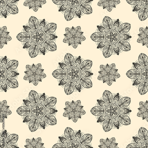 Monochrome print.  Abstract kaleidoscope drawing samless pattern. Illustration with texture and noise