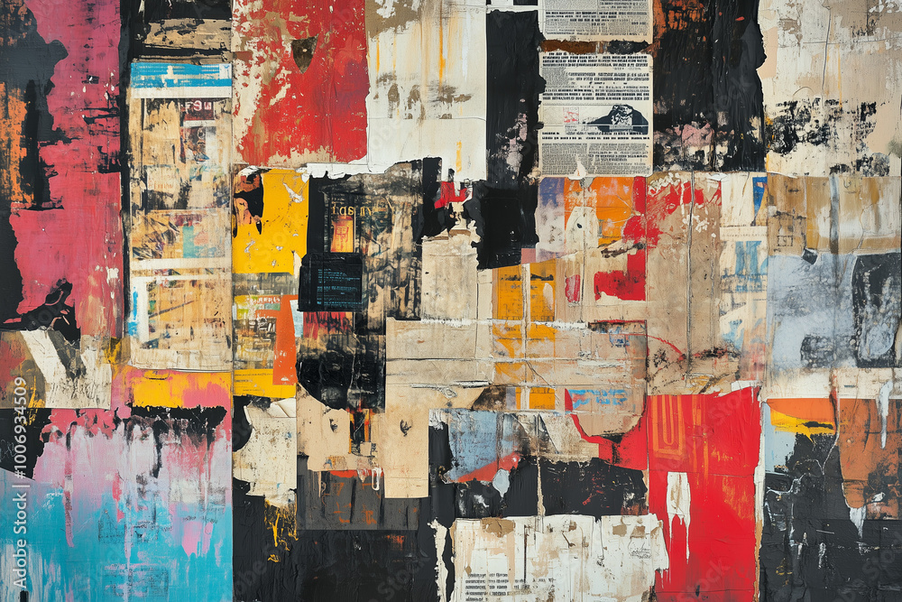 Obraz premium Abstract collage of ripped and torn posters with different text, newspaper cutouts, street art