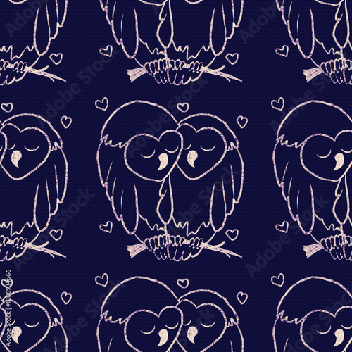 Owls in love.  Samless pattern. Illustration with texture and noise