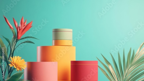 Colorful cylindrical gift boxes with exotic flowers in a minimalist tropical setting, showcasing vibrant modern design.