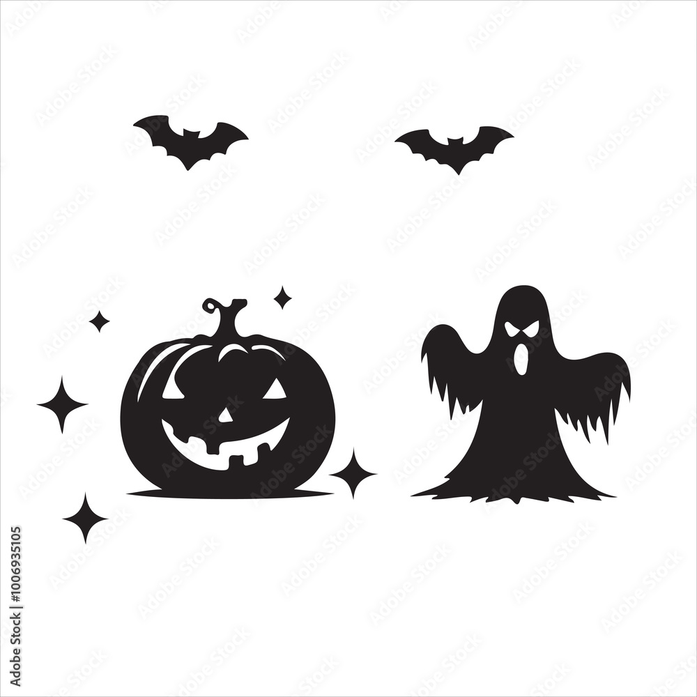 Obraz premium Halloween vector, and Jack-o'-lantern, Ghost, Bat, Black Cat, Spider Web, Witch Hat, Moon and Stars, Skeleton, Vampire, Zombie, Halloween tree