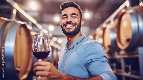 Sommelier holding glass of red wine, smiling in modern winery, professional winemaker, tasting experience concept