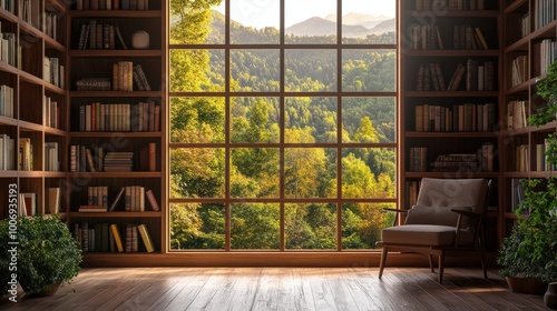 Wallpaper Mural scenic bookshelf background interior home office library study window view of trees and hills backdrop. Rustic wood bookshelves in cozy room. Virtual online presentation teams meeting room background Torontodigital.ca