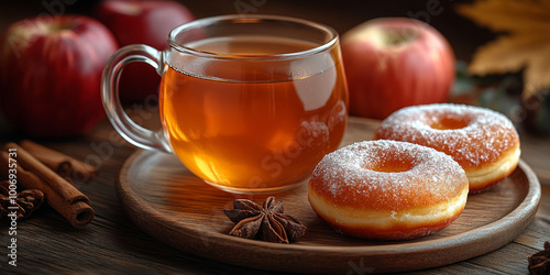 Cup of apple juice with donuts on wooden table, fall background. 