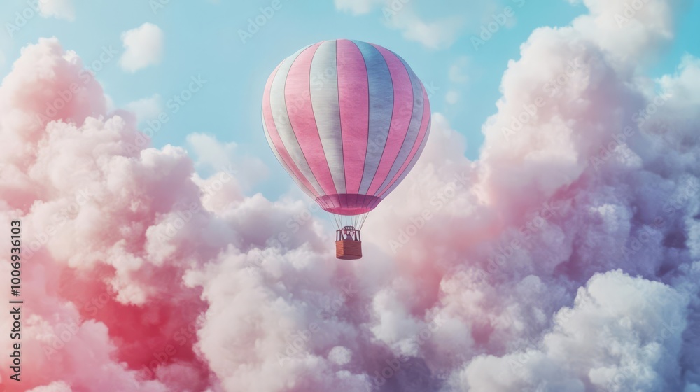 Fototapeta premium A colorful hot air balloon floats among pink and white clouds in a dreamy sky, creating a serene and whimsical atmosphere.