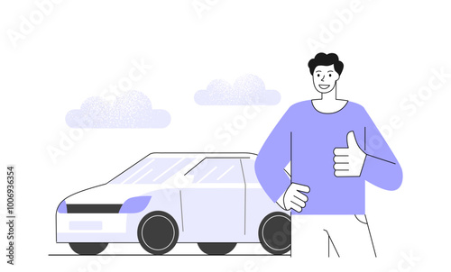Handy man showing thumb up. Male is happy with new car.