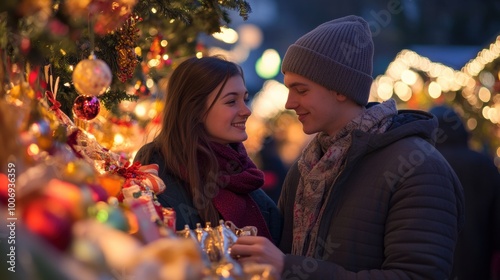 Couple enjoying festive moments at a holiday market during evening