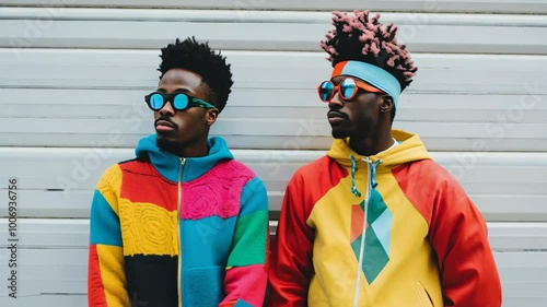 Colorful street fashion with vibrant jackets and sunglasses, 4k footage