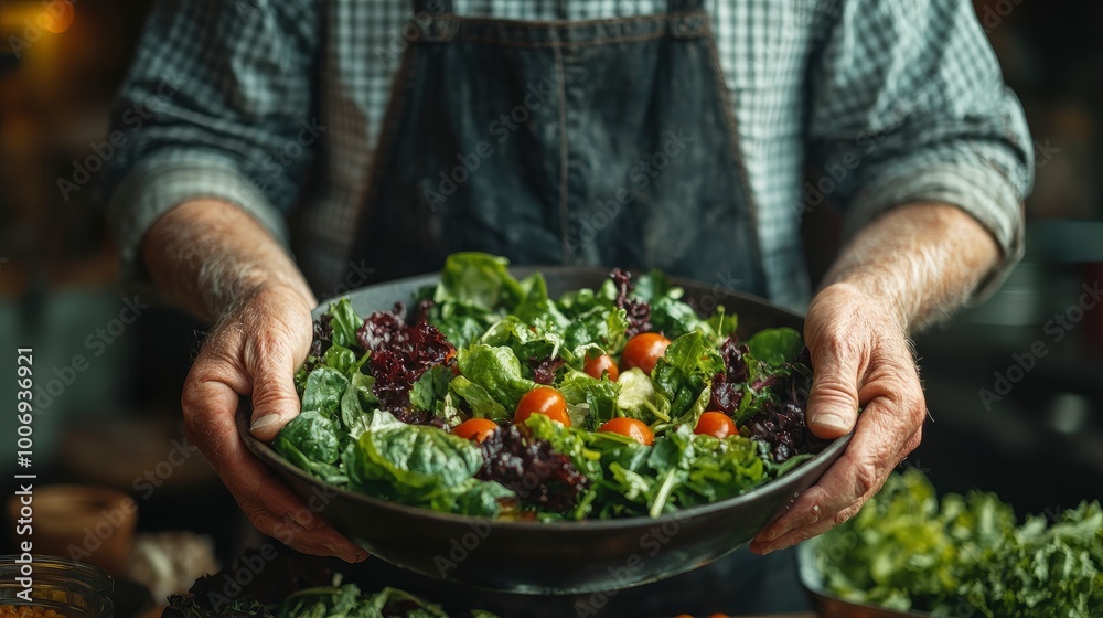 Senior Man Holding Bowl of Fresh Salad Senior Man Holding Bowl of Fresh Salad