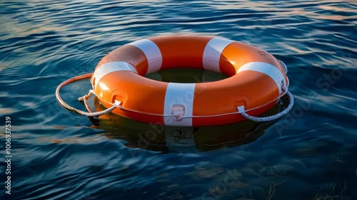 A life preserver floating in the water on a sunny day