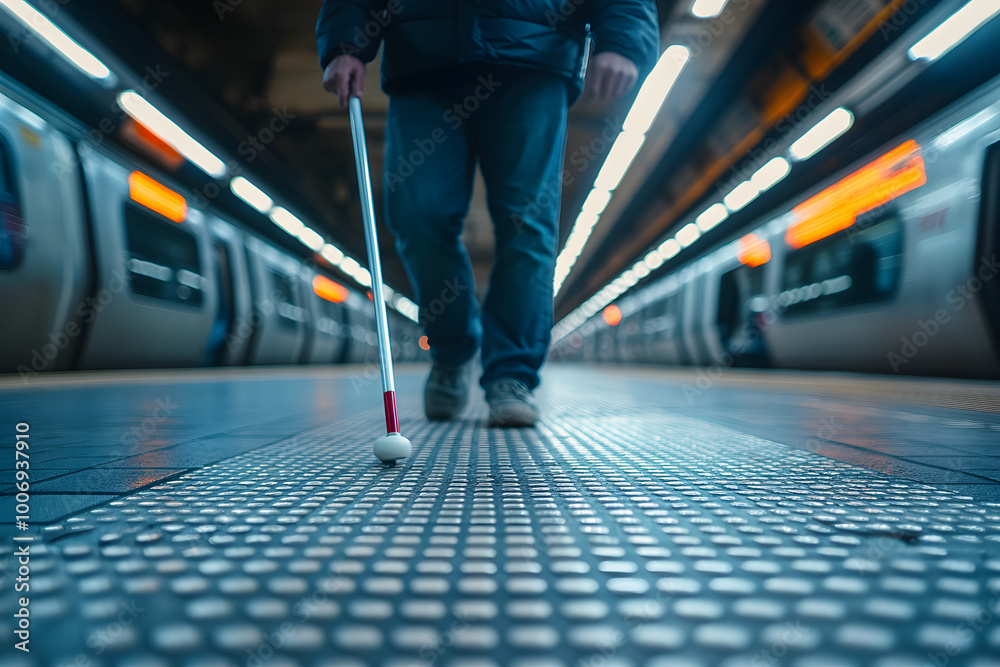 Fototapeta premium Blind person while walking on the subway on the road. Blindness concept. Disability concept.