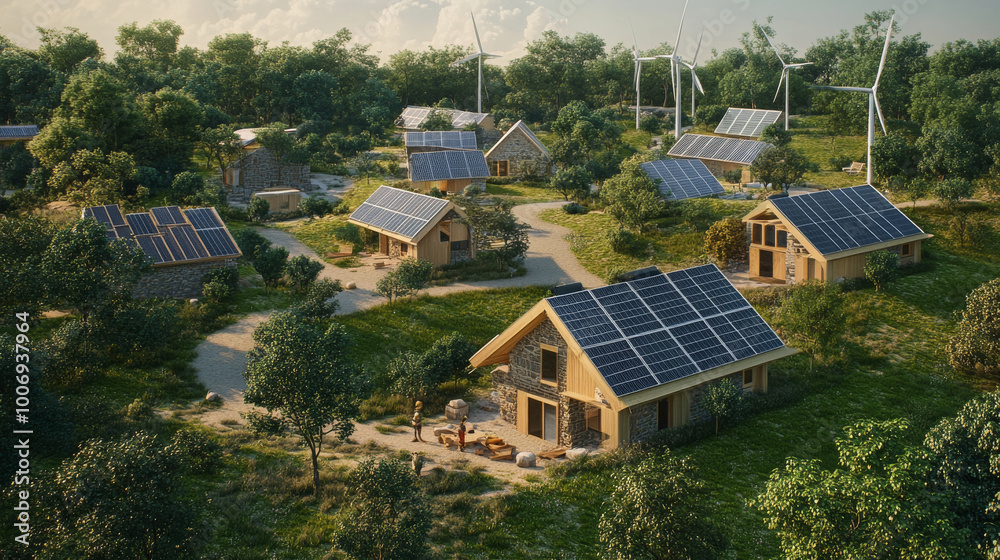 A small village powered by solar panels and wind turbines, run by a local energy enterprise, sustainable community energy solutions A small village powered by solar panels and wind turbines, run by a local energy enterprise, sustainable community energy solutions