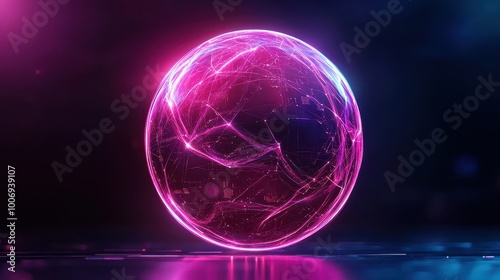 A glowing, spherical orb made of vibrant pink and blue lights, with intricate web-like patterns, set against a dark background.