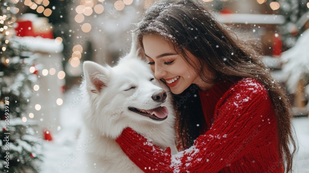 Young woman shares a joyful moment with a Samoyed dog in winter Young woman shares a joyful moment with a Samoyed dog in winter