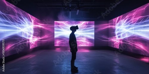 a man standing in front of a wall of light