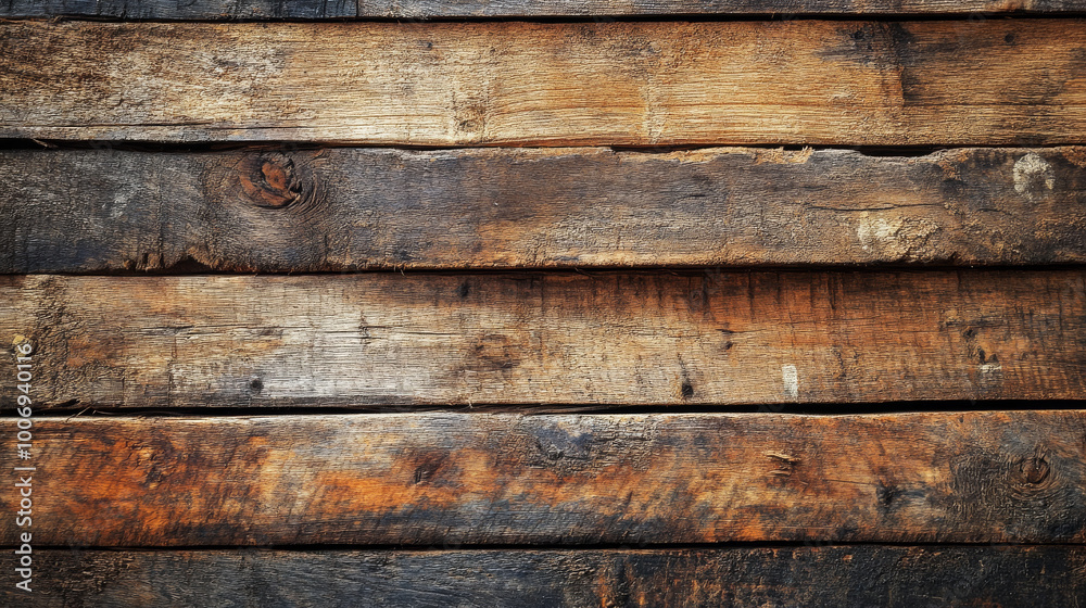 Fototapeta premium Close-up of reclaimed wooden planks, aged and weathered wood, rustic and textured background, warm and natural feel,