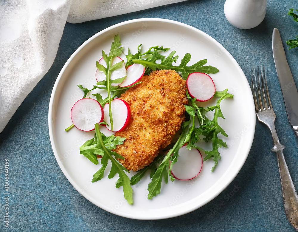 Chicken schnitzel with radish and arugula on a white plate Chicken schnitzel with radish and arugula on a white plate