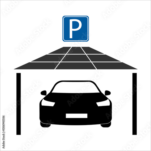 Icono de Parking solar, marquesina solar. Estacionamiento con placas solares. Energía solar en el Parking