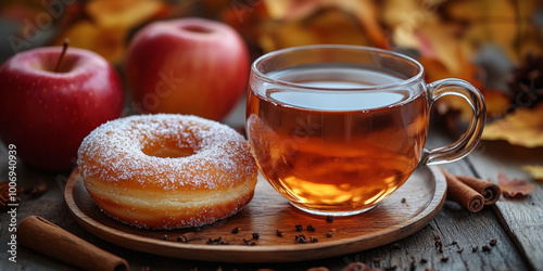 Cup of apple juice with donuts on wooden table, fall background. 