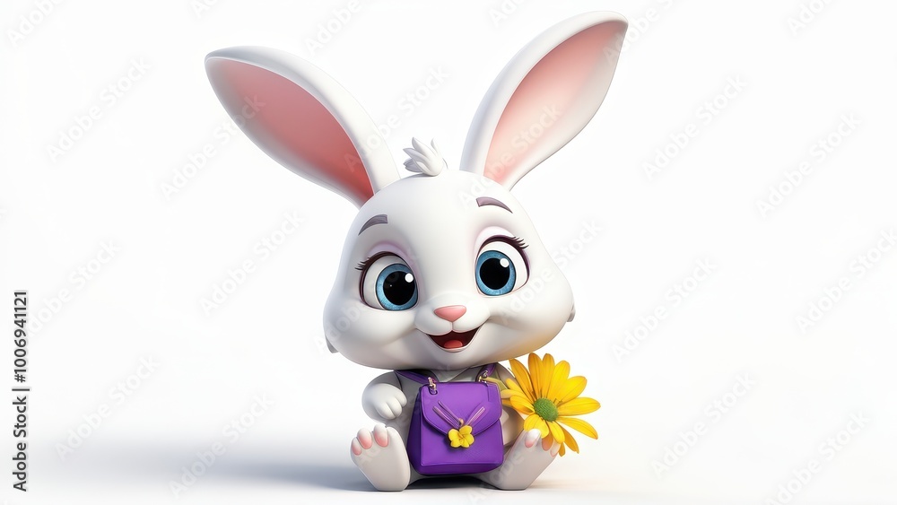 A cute cartoon rabbit with a purple backpack and a flower, exuding a playful vibe. A cute cartoon rabbit with a purple backpack and a flower, exuding a playful vibe.