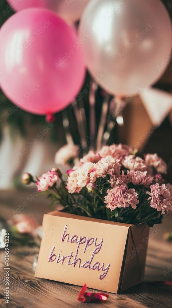 Obraz premium Birthday gift wrapped in colorful paper with balloons, flowers, bouquet. festive atmosphere party. text happy birthday