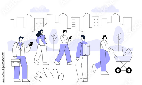 People in the park flat vector illustration. Landscape with man and woman walking