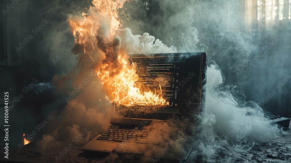 A laptop engulfed in flames, emitting thick smoke against a dark background. overheating, malfunction, and tech failure A laptop engulfed in flames, emitting thick smoke against a dark background. overheating, malfunction, and tech failure