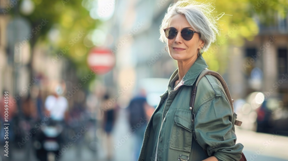 Graceful woman with gray hair walks in an city street. blurred urban setting. retirement age. active pension. Graceful woman with gray hair walks in an city street. blurred urban setting. retirement age. active pension.