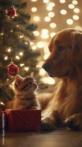 a big dog and a kitten sitting beside a Christmas tree with glowing bokeh lights in the background. pets, dog and cat