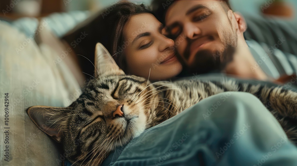 A young couple relaxing on a couch with their cat, all enjoying a moment of peace and contentment. A young couple relaxing on a couch with their cat, all enjoying a moment of peace and contentment.