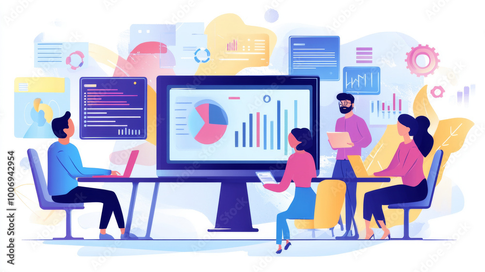 Remote professionals collaborating on marketing strategy, digital charts and shared files, creative and synchronized teamwork,