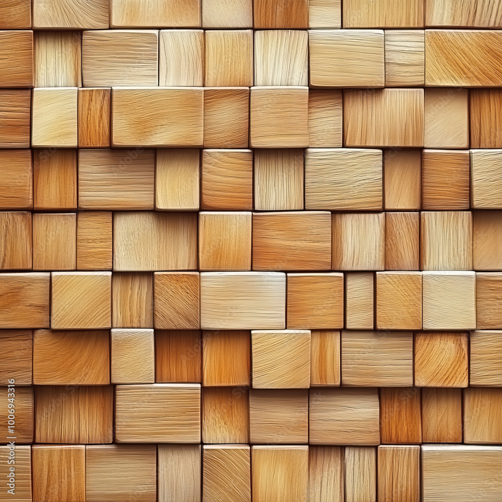 Textured wooden wall featuring mosaic of light and dark wooden blocks, creating warm and inviting atmosphere. natural grain patterns enhance aesthetic appeal