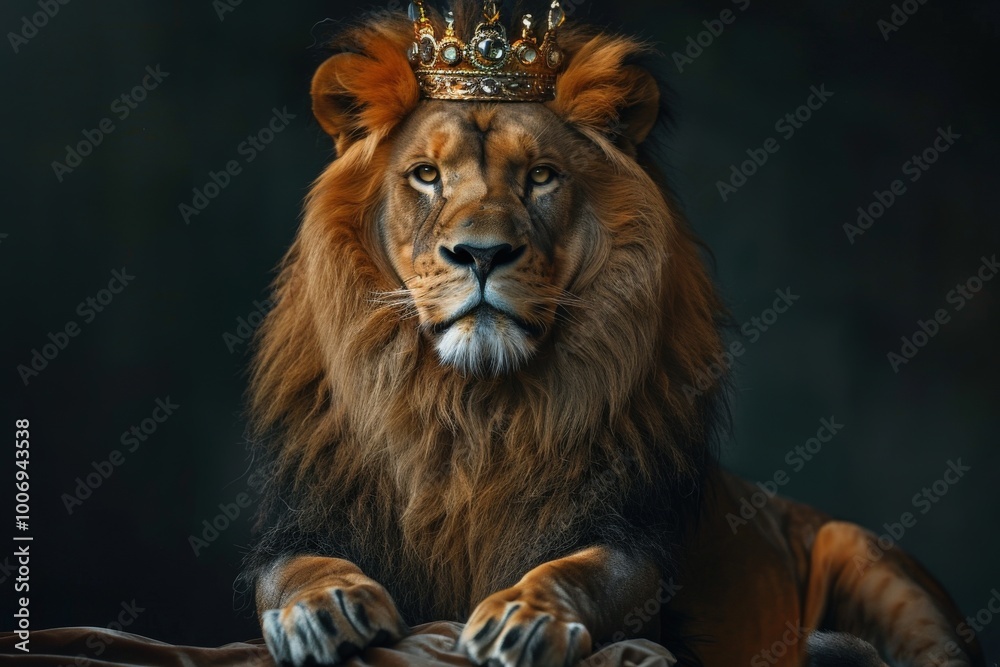 A lion is sitting on a black background with a crown on its head, generative ai image A lion is sitting on a black background with a crown on its head, generative ai image