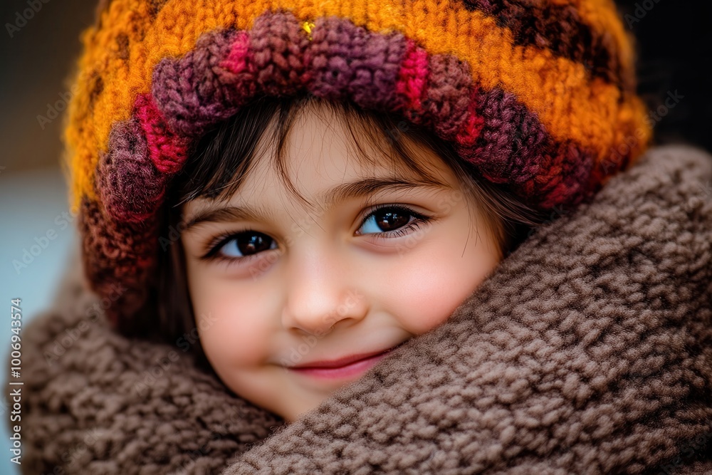 close-up of a smiling child bundled in a cozy knit hat and scarf with warm, twinkling eyes close-up of a smiling child bundled in a cozy knit hat and scarf with warm, twinkling eyes
