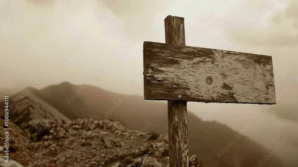 Weathered wooden sign on a misty mountain trail indicating an unknown path in a mysterious landscape, 4k footage
