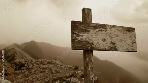 Weathered wooden sign on a misty mountain trail indicating an unknown path in a mysterious landscape, 4k footage