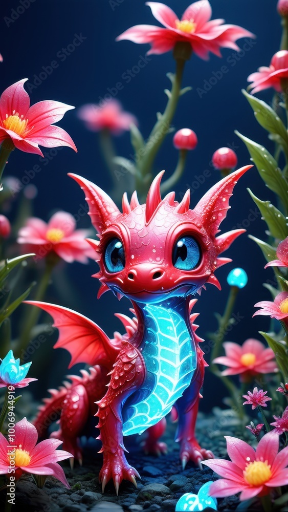 A cute red dragon with blue eyes, surrounded by vibrant flowers in a magical setting. A cute red dragon with blue eyes, surrounded by vibrant flowers in a magical setting.