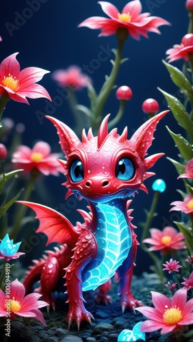 A cute red dragon with blue eyes, surrounded by vibrant flowers in a magical setting.