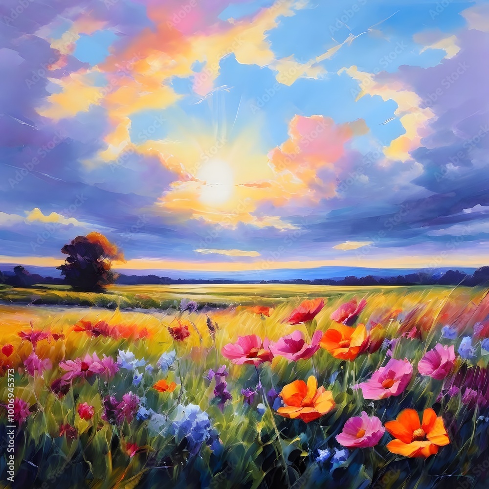 Fototapeta premium field of flowers and sunset