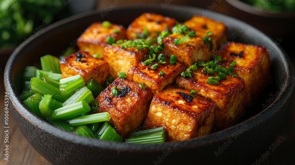 Close Up Of Fried Tofu Cubes And Green Onions In Black Bowl Close Up Of Fried Tofu Cubes And Green Onions In Black Bowl